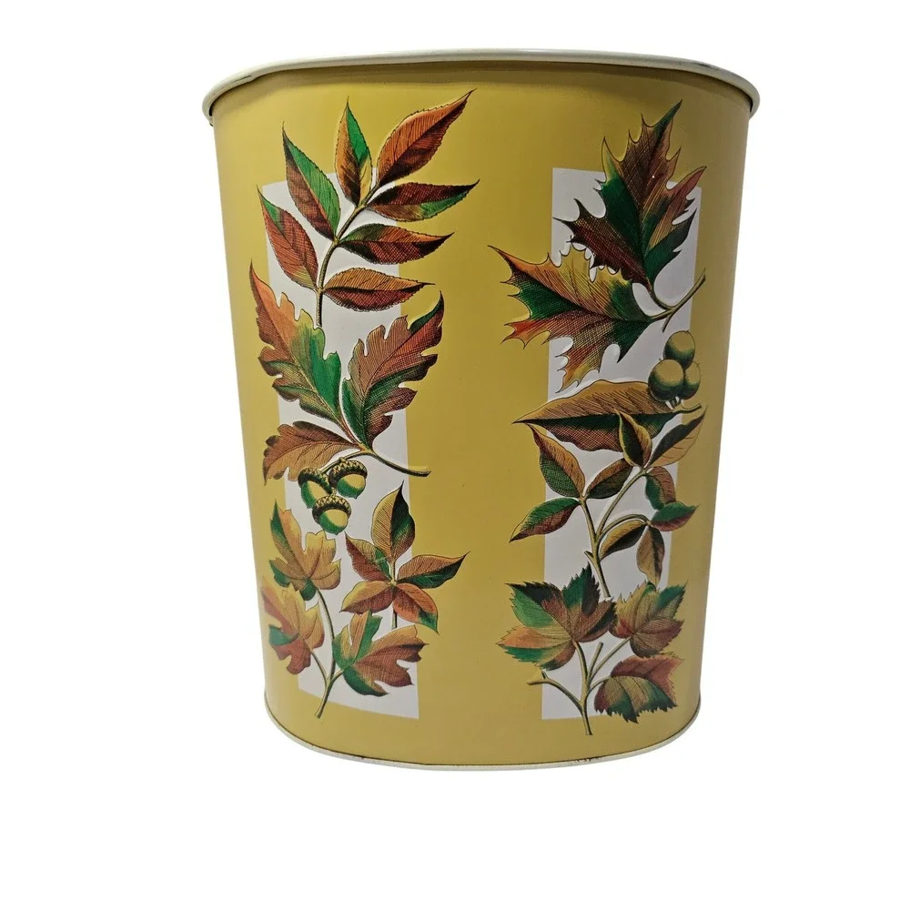 Chenco Waste Basket Yellow Autumn‎ Leaves Acorn Metal Trash Can Vintage Made USA
